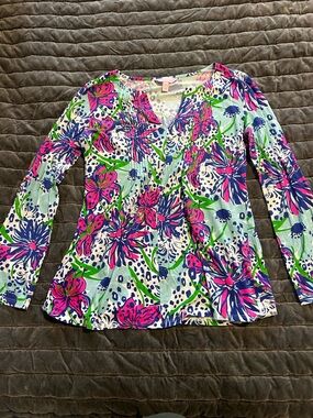 Lilly Pulitzer Braylen In the Garden Floral V-Neck Long Sleeve Top - Pink & Blue